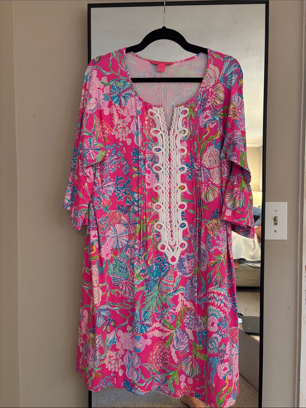 Like New Lilly Pulitzer Hot Pink Multi Floral Midi Dress with White Lace